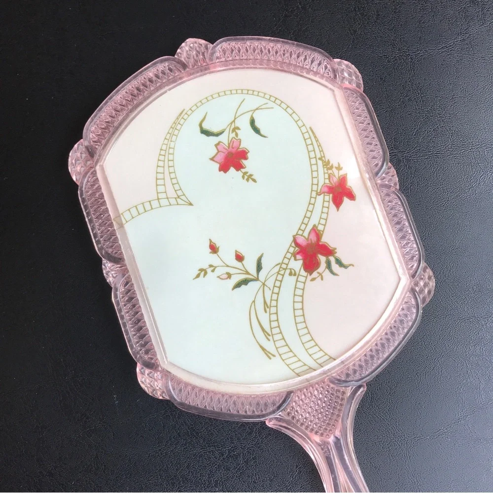 Vintage Celluloid Floral Mirror Vanity Handled Dainty Pretty Flower Mirror Pink